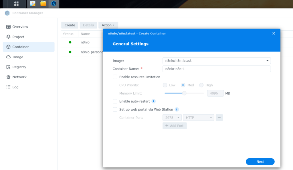 cài đặt n8n trên Synology